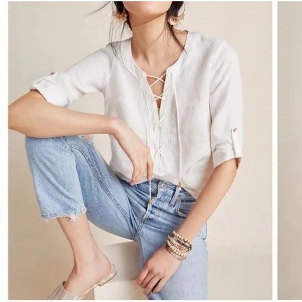 Anthropologie Maeve Women's Ivory Sleeve Lace-up Front Top Sz 6P 100% Linen